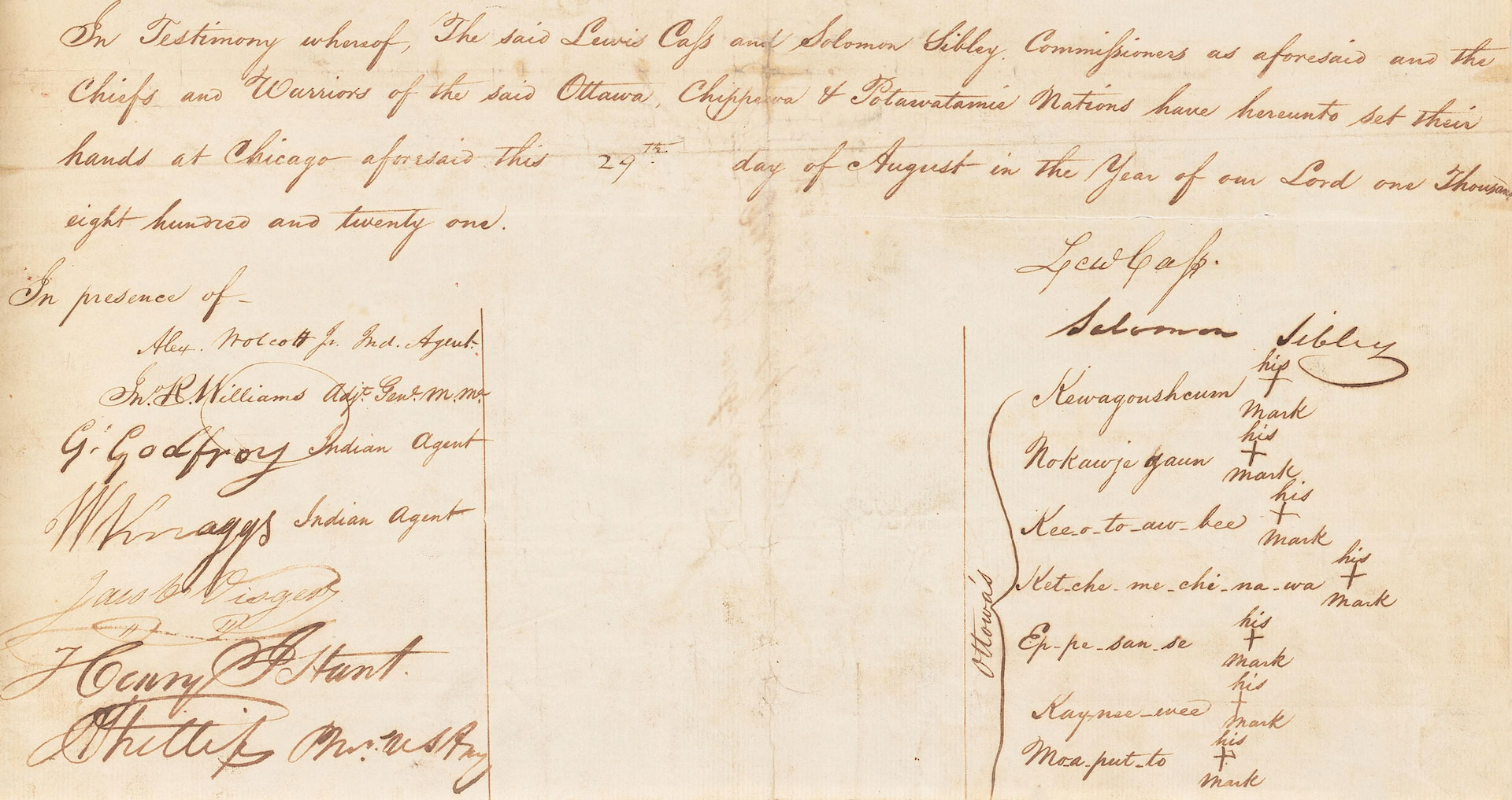 One of the signature pages from the 1821 Treaty of Chicago.